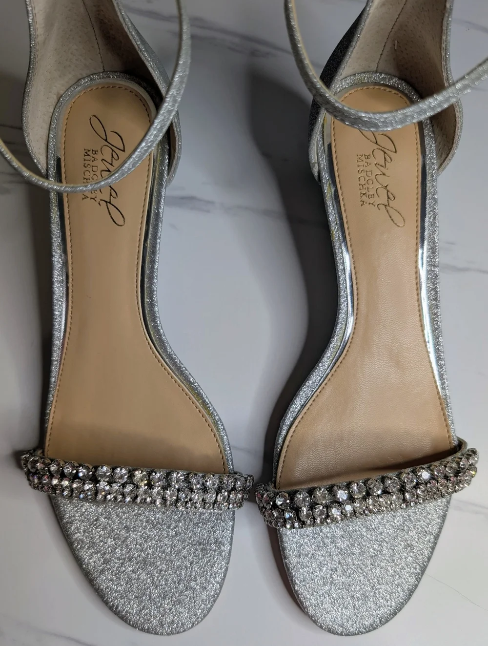 Jewel Badgley Mischka Silver Glitter Rhinestone Wedge Sandals Sz 8 NIB